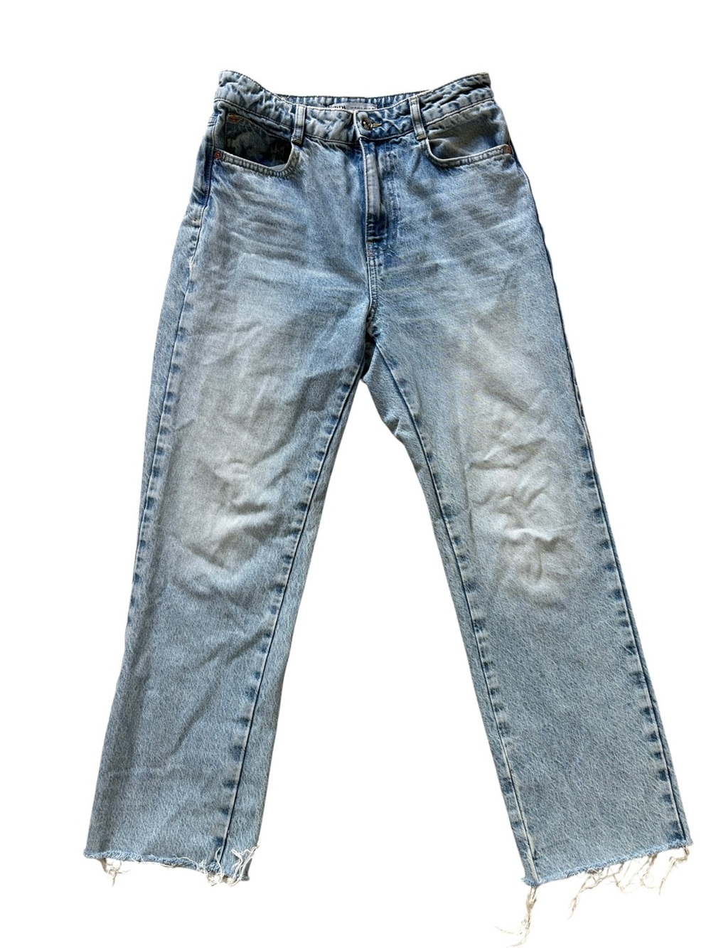 Zara Relaxed Straight Leg Jeans Women's 6 Light Wash Raw Hem Distressed Bottom✅ - Picture 2 of 4